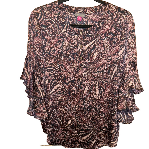 Vince Camuto Navy and Mauve Ruffled Bell Sleeve Blouse - Picture 5 of 6